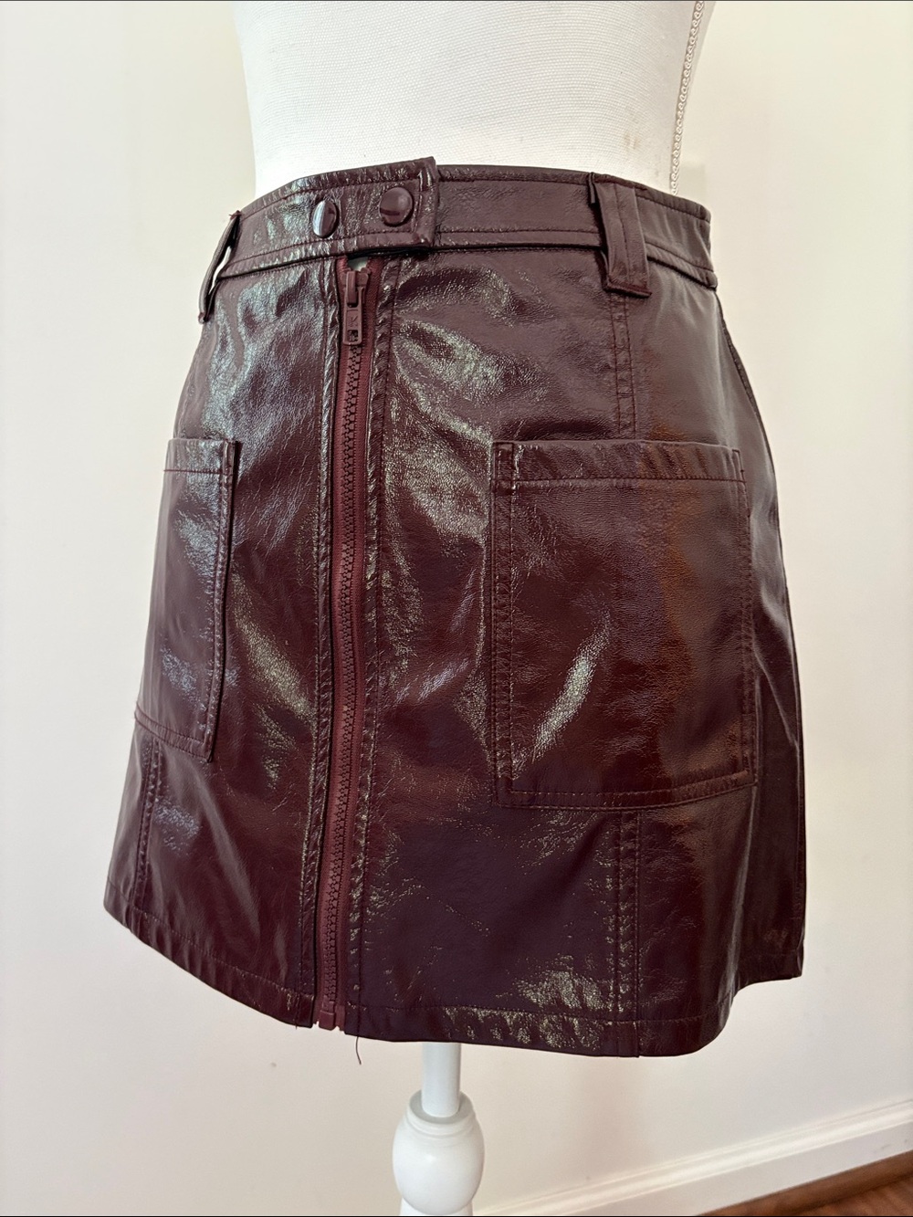 Topshop Dark Burgundy Patent Vegan Leather A-Line Mini Skirt